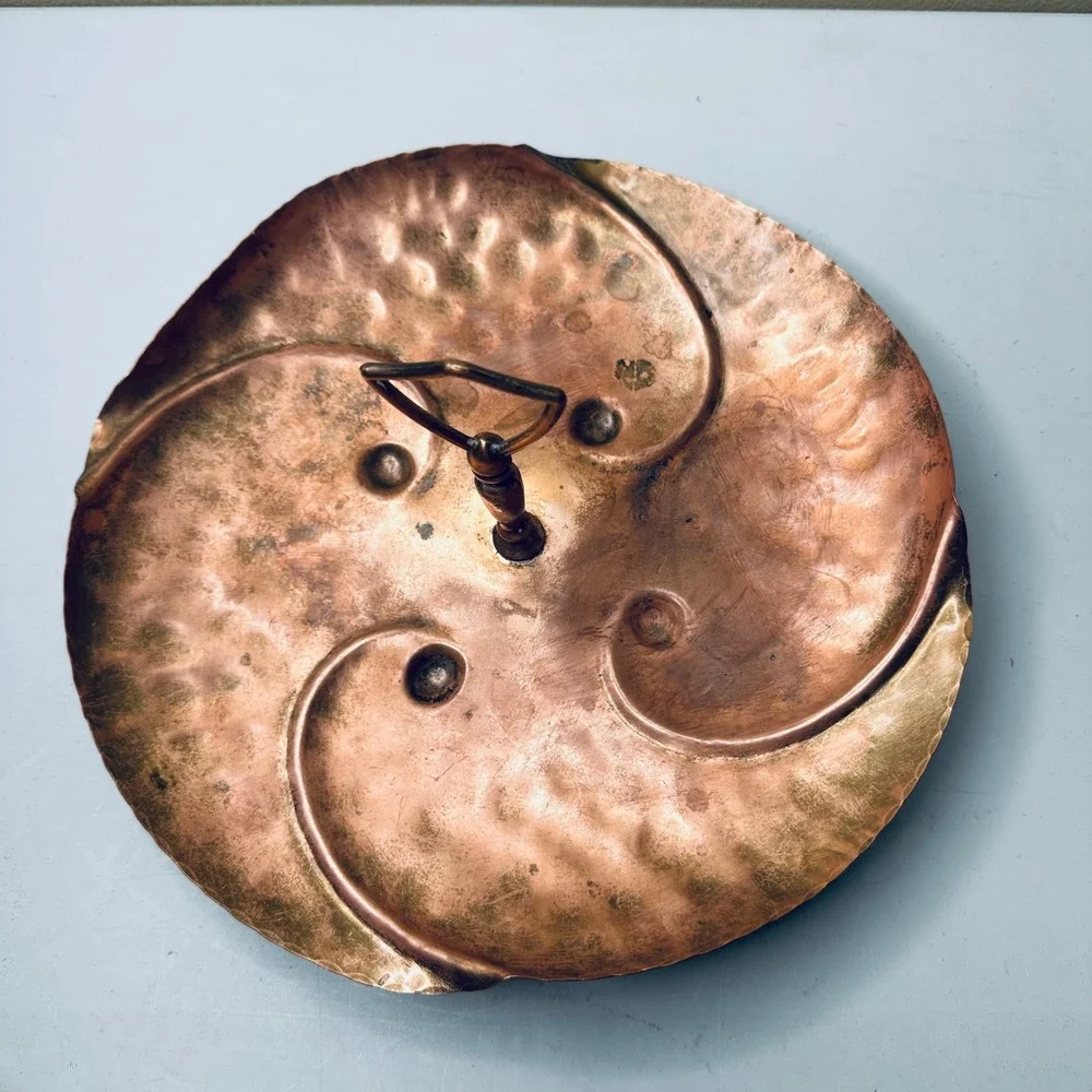 Vintage Solid Copper Hammered Serving Tray Swirl Design Center Handle 11 Inch